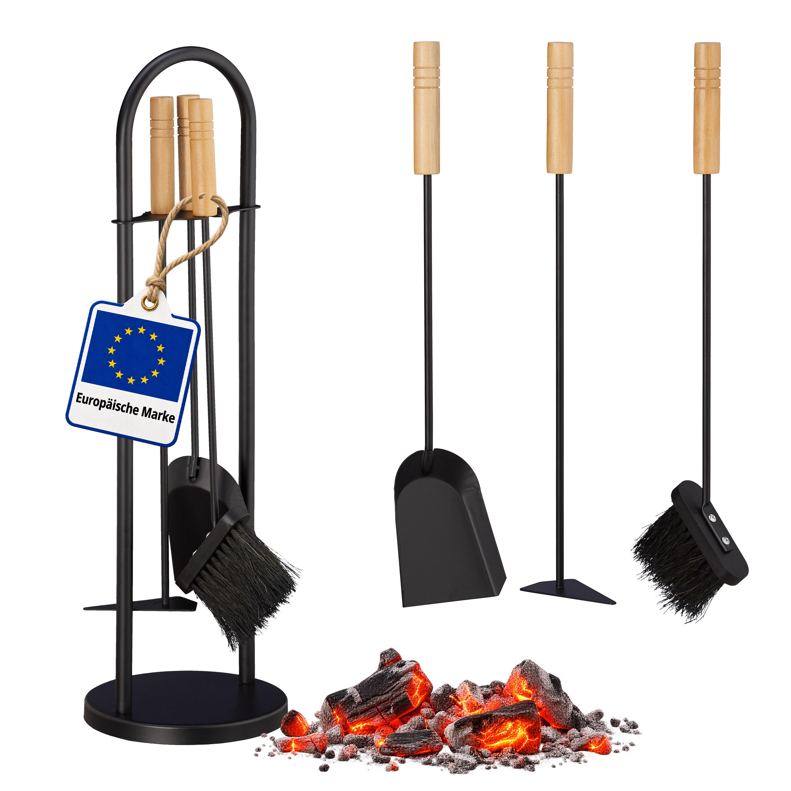 KAMINVERKTYG Svart naturträ 4-delars set med ställ - Svart, Trä/Metall (20/68.5/20cm) - Relaxdays