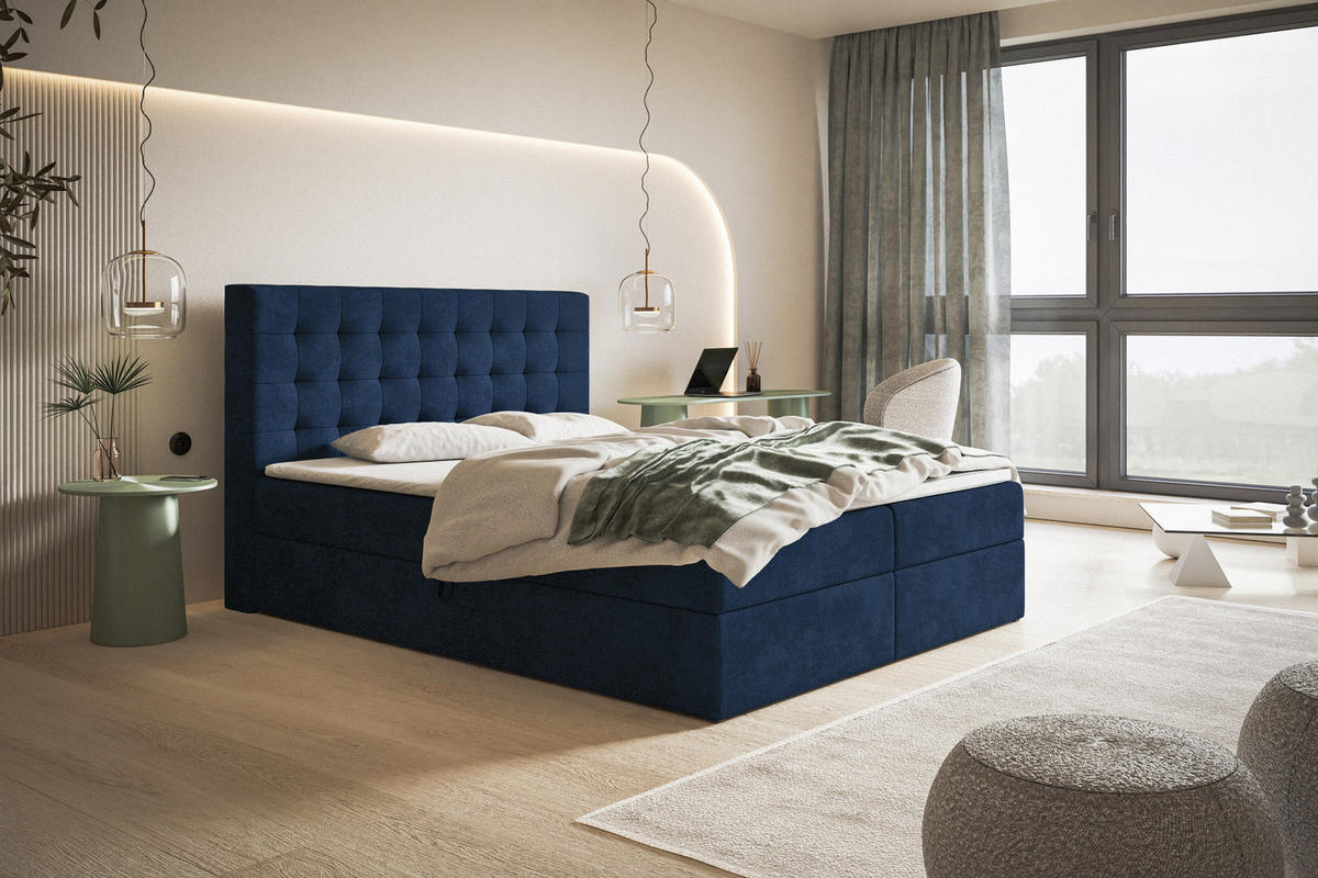 BOXSPRINGBETT 140x200 Jora mit Matratze H3, Bettkasten, Blau - Blau, Holz/Textil (140/200cm) - Emporius