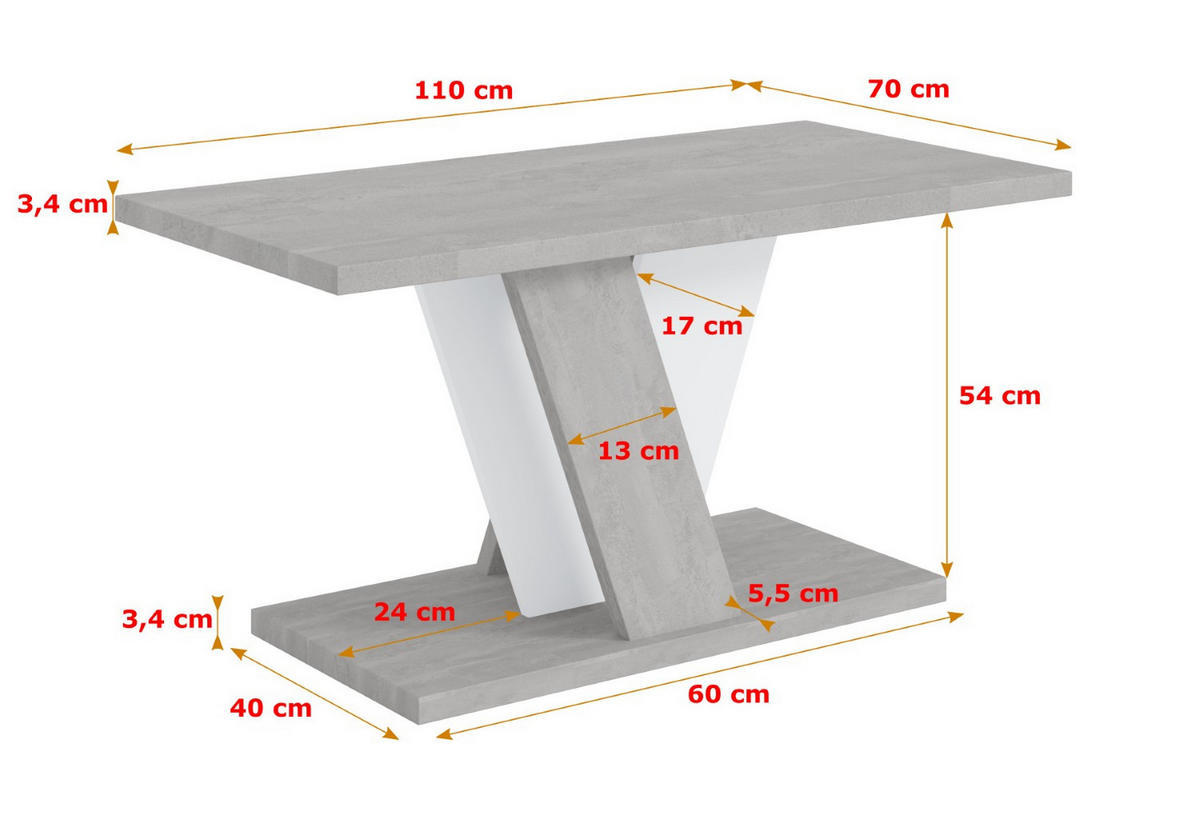 KAFFEETISCH 110x70x60 cm - Betonoptik K350 / Weiß - INEY - Weiß, Holzwerkstoff (110/70/60cm) - ALTDECOR