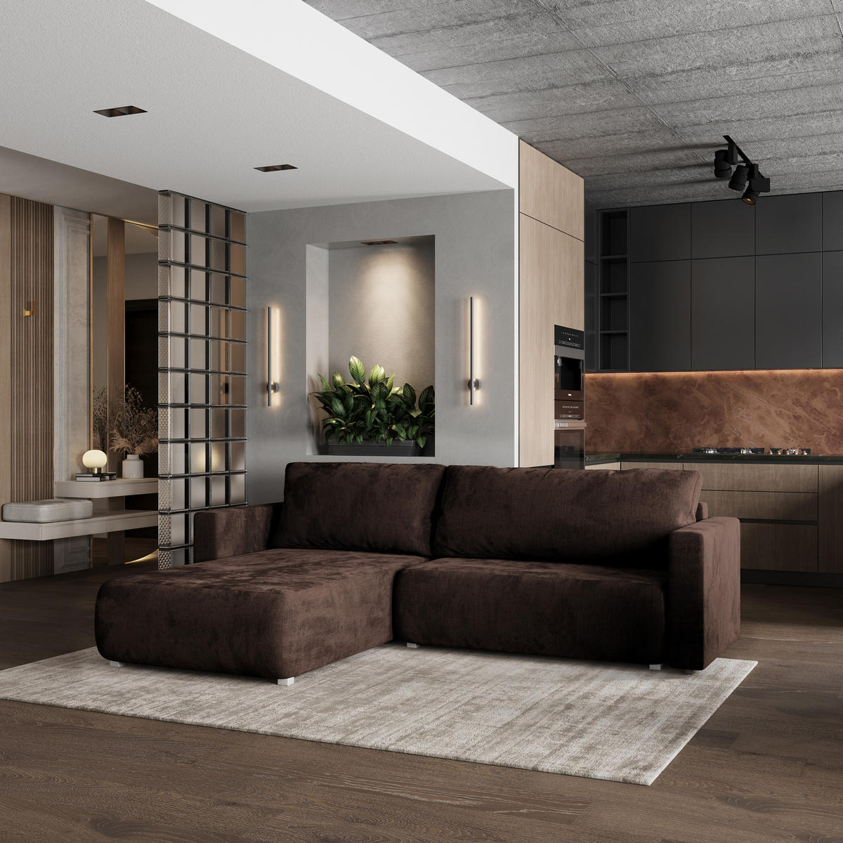 ROHOVÁ SEDAČKA TURIN hnědá - šedá/hnědá, dřevo/textil (265/183cm) - MASSENO