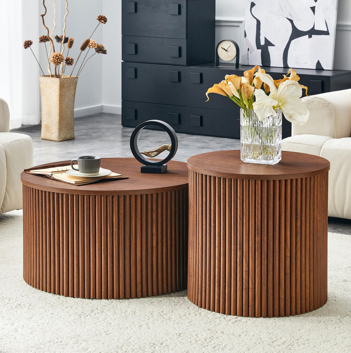 COUCHTISCH-SET 2-teilig in Walnussoptik mit Stauraum und Säulendesign,65/65/40 cm - Walnussfarben, Holzwerkstoff (65/65/40cm) - BEAOK