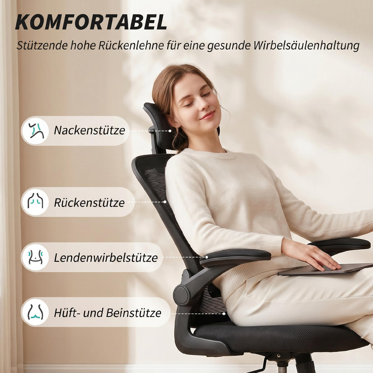 BÜROSTUHL Ergonomischer Schreibtischstuhl mit Hochklappbaren Armlehnen, Verstellbarer Lendenwirbelstütze Schwarz - Schwarz, Textil (63/125/64cm)