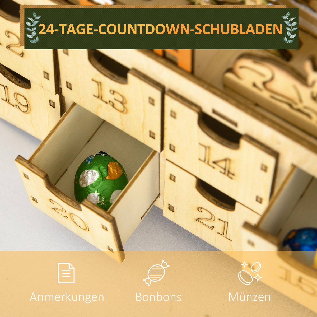 ADVENTSKALENDER zum Befüllen 24 Schubladen Fächer Weihnachtskalender DIY - Naturfarben, Holzwerkstoff (9/52/36cm) - HOMCOM