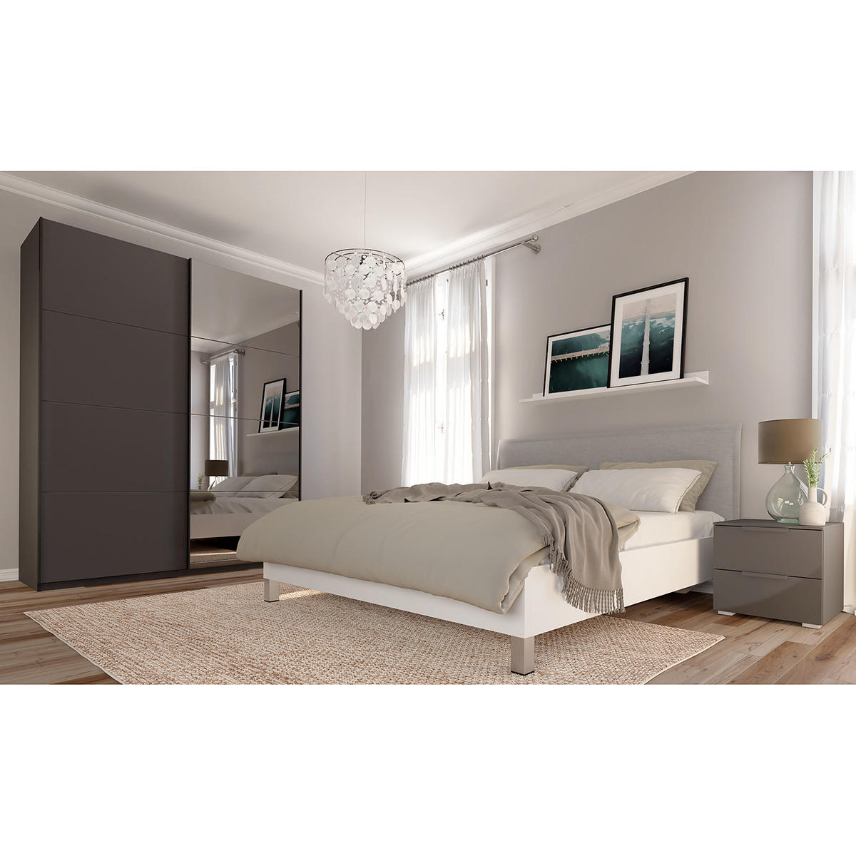 SCHWEBETÜRENSCHRANK - Graphitfarben, Glas/Holzwerkstoff (181/236/68cm) - home24