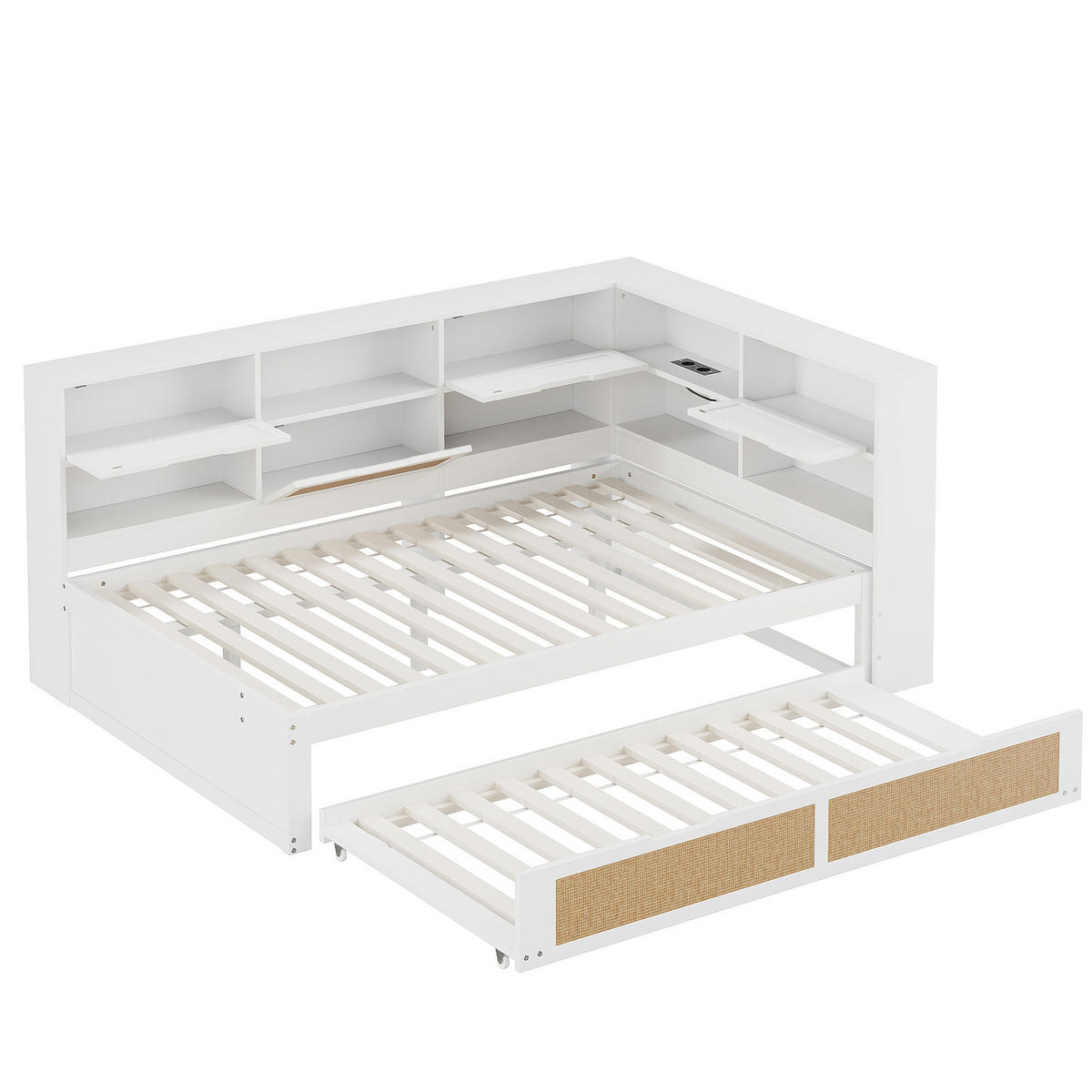 BETT 140/200 cm in Weiß mit Ausziehbett, Stauraum und USB-Ladeanschlüssen - Weiß, Holz (140/200cm) - BEAOK
