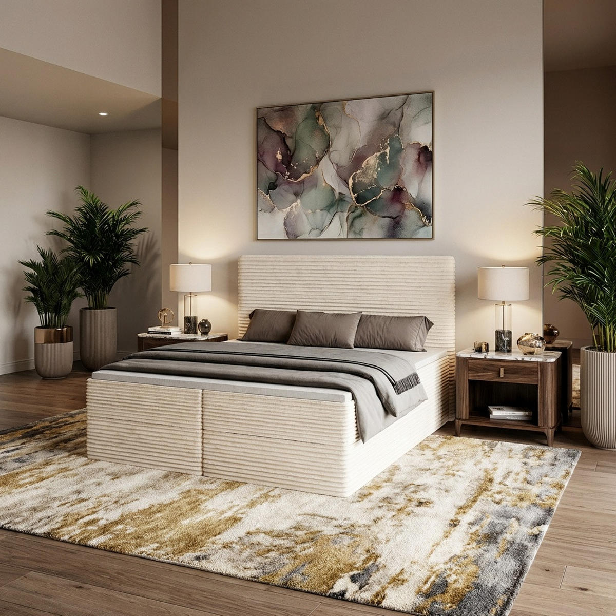 BOXBETT RAVENO mit Bettkasten 180x200 cm inkl. Bonell-Federkernmatratze H3 und Topper – Polsterbett Stoff TILIA Creme - Creme, Textil (180/200cm) - Luxkor24