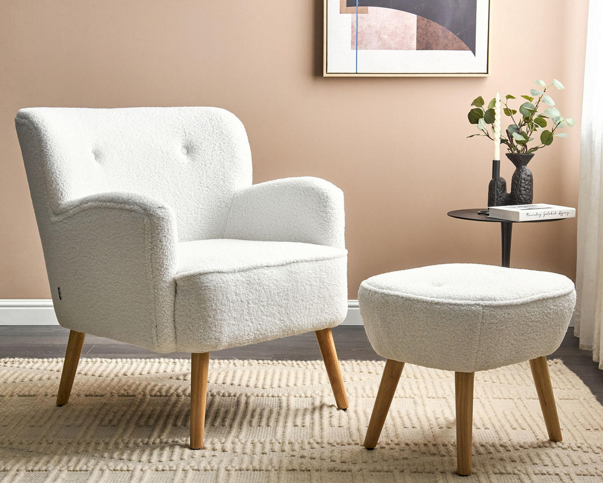 SESSEL Bouclé weiß/hellbraun plus Hocker Tumba - Hellbraun/Weiß, Textil (74/85/79cm) - Beliani