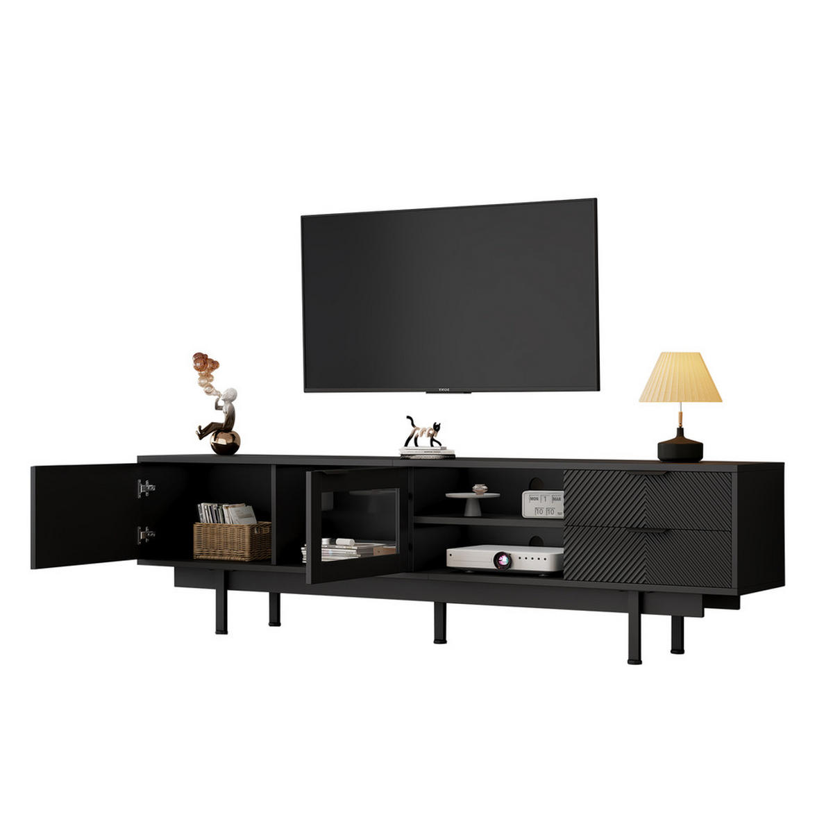 TV-SCHRANK 200x40cm Modern Schwarz 2 Türen 2 Schubladen Stauraum bis 80 Zoll - Schwarz, Holz (46.02/19.3/71.12cm) - FLIEKS