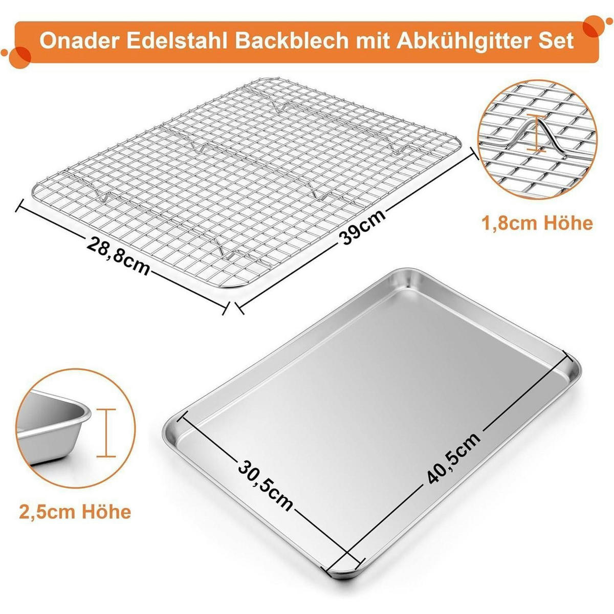BACKBLECH mit Abkühlgitter Set 40,5 x 30,5 cm Edelstahl - Silberfarben, Metall (30.5/2.5/40.5cm)
