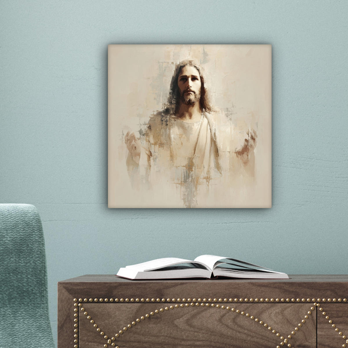 LEINWANDBILD Porträt - Abstrakt - Jesus - Beige Deko Wohnzimmer 20x20 cm - Beige, Textil (20/20cm) - MuchoWow