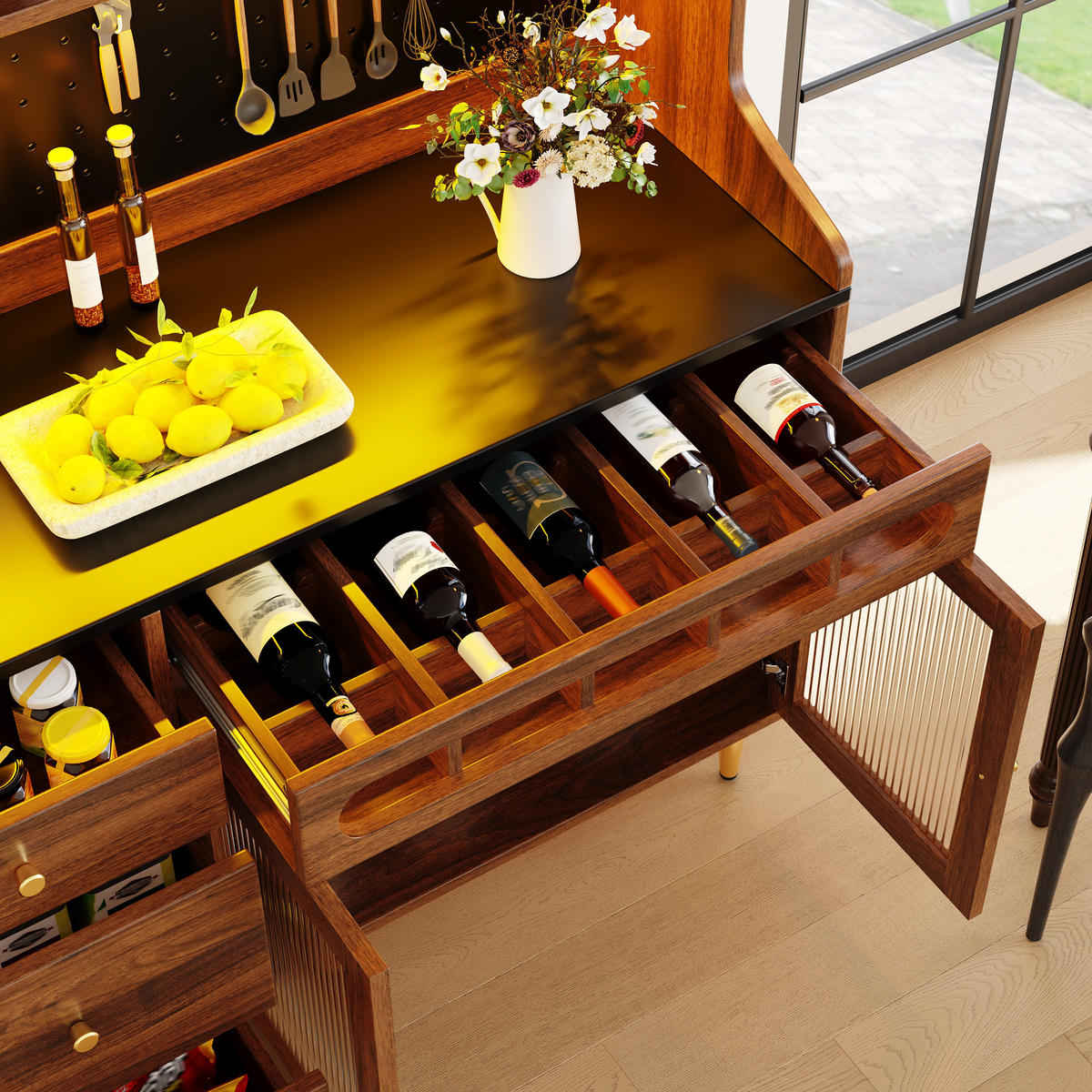 BUFFET LED 145x39x171cm Weinregal Walnuss - Walnussfarben, Glas (145/171/39cm) - FLIEKS