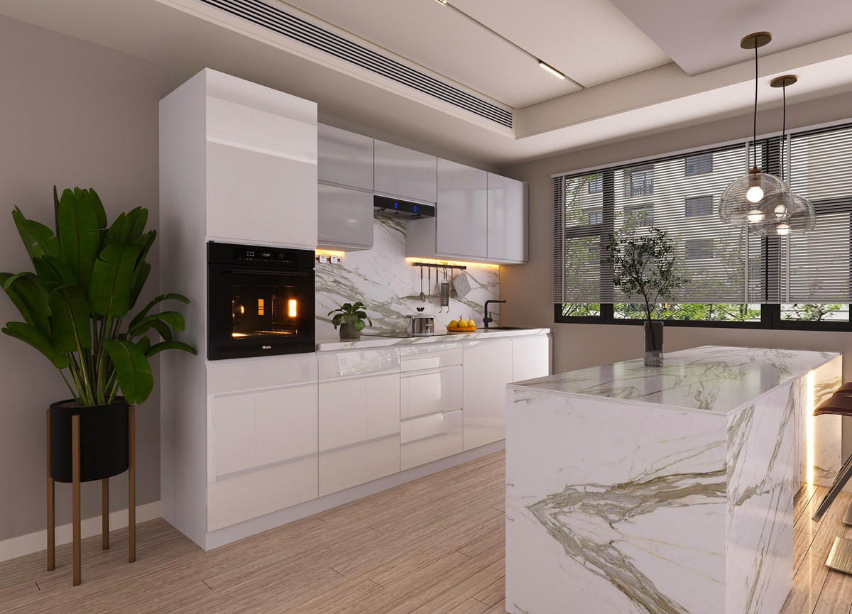 KÜCHENZEILE 300 cm Glanzia – KU-S02 – Weiß / Grau - Weiß Hochglanz/Grau, Holz/Holzwerkstoff (300/212/58cm)