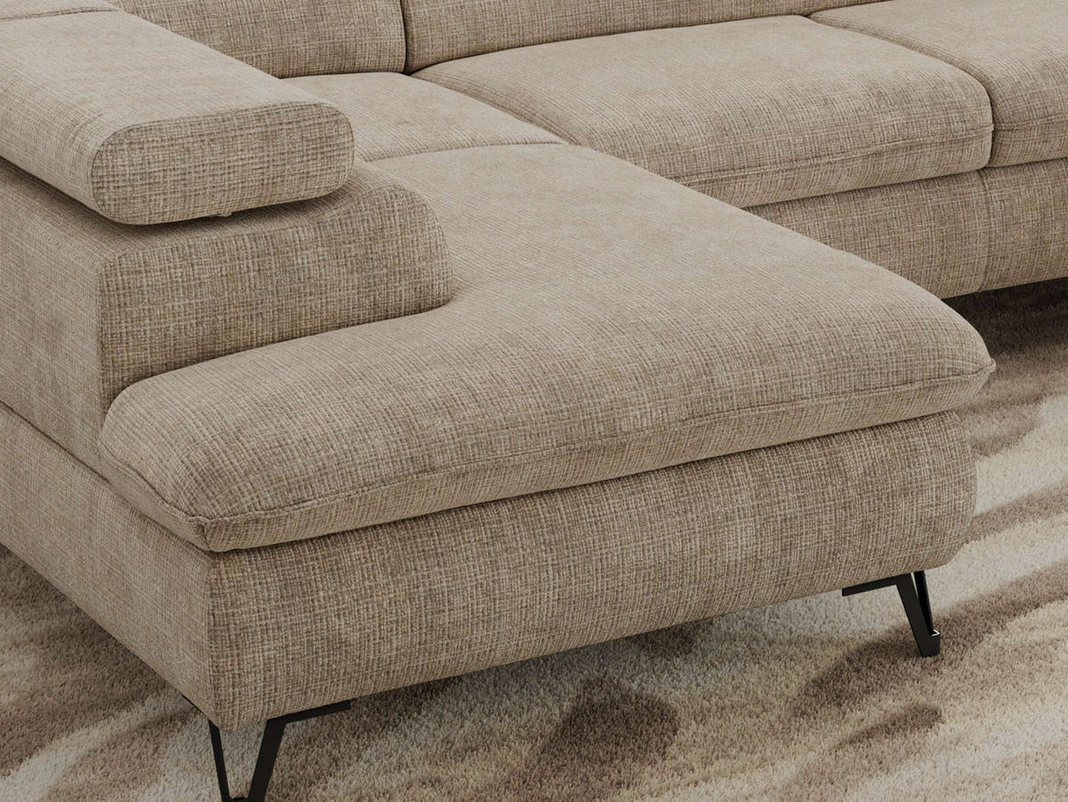 WOHNLANDSCHAFT PABLO U Schenille grob gewebt Beige mit Topper Visco - Beige/Schwarz, Textil/Metall (346/76/208cm) - MKS