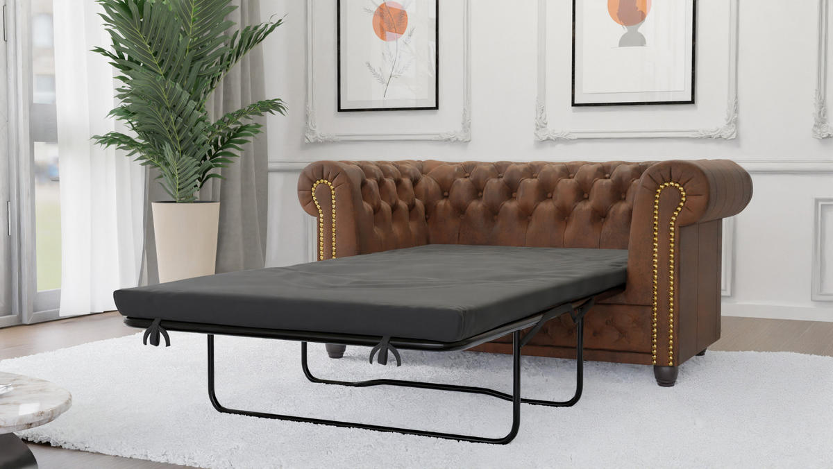 CHESTERFIELD-SOFA 2-sitzer mit Schlaffunktion Flux Braun Microfaser Vintageoptik - Braun, Holz/Textil (148/72/86cm) - S-Style Möbel