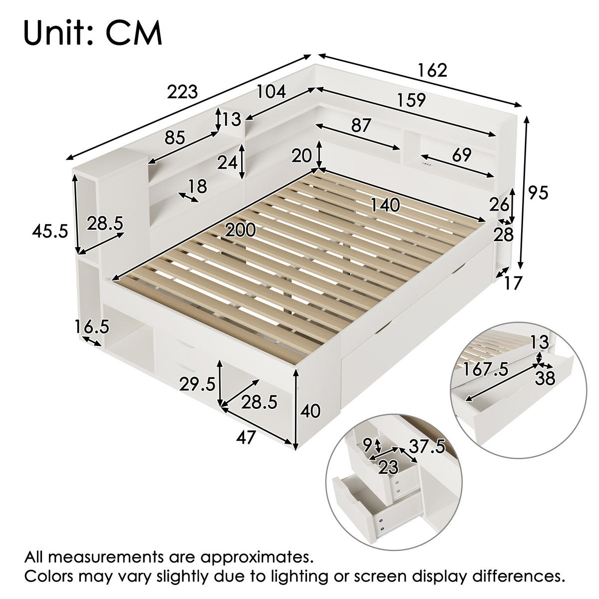 TAGESBETT 140/200 cm mit LED-Beleuchtung, USB- und Typ-C-Anschluss sowie Stauraum und Matratze, Weiß - Weiß, Holzwerkstoff (140/200cm) - Redom