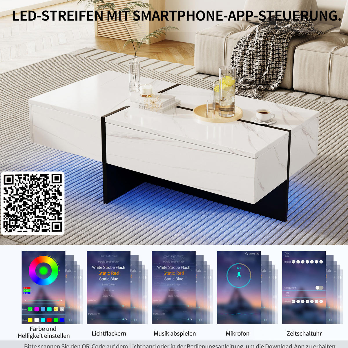 COUCHTISCH 100/50/34.5 cm weiß aus Spanplatte mit LED-Beleuchtung - Weiß, Holzwerkstoff (100/50/34.5cm) - OKMYHOME