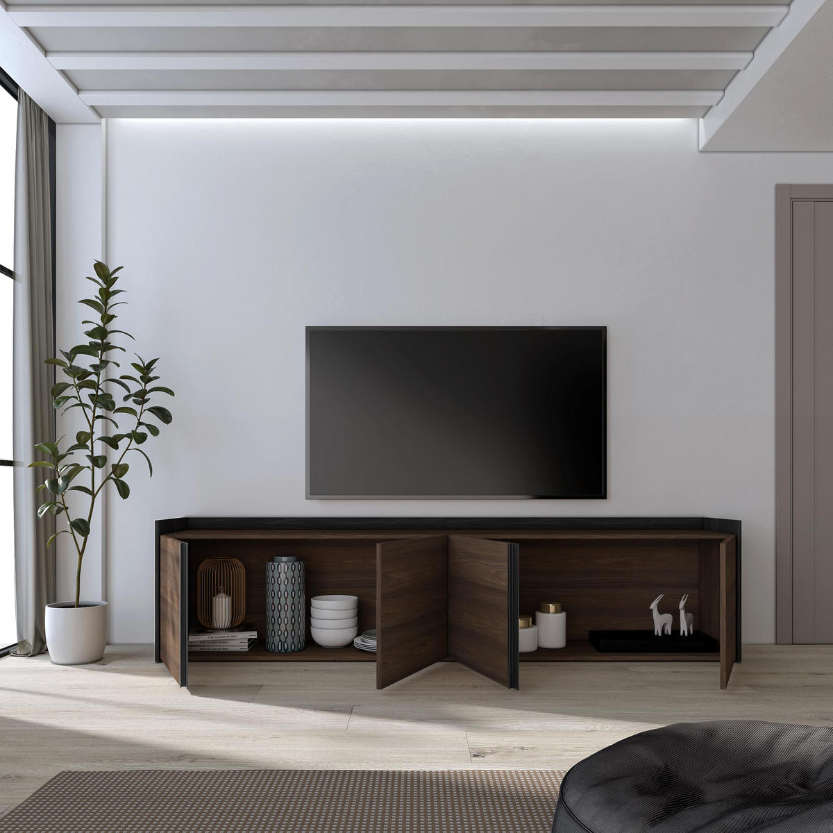 LOWBOARD, Dunkler Eiche und Schwarz, 207/35/50cm - Dunkelbraun, Holzwerkstoff (207/50/35cm) - Skraut Home