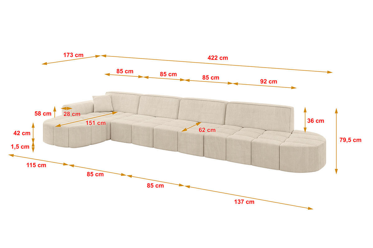 ECKSOFA Ottomane Links LIVO-L3 - 422x173x79,5 cm Beige - Beige, Holzwerkstoff/Textil (422/173cm) - ALTDECOR