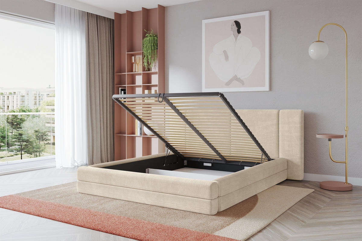 POLSTERBETT mit Bettkasten und Lattenrost, Boxbett ohne Matratze - TEVO 140x200 Beige - Creme, Holzwerkstoff/Textil (140/200cm) - ALTDECOR