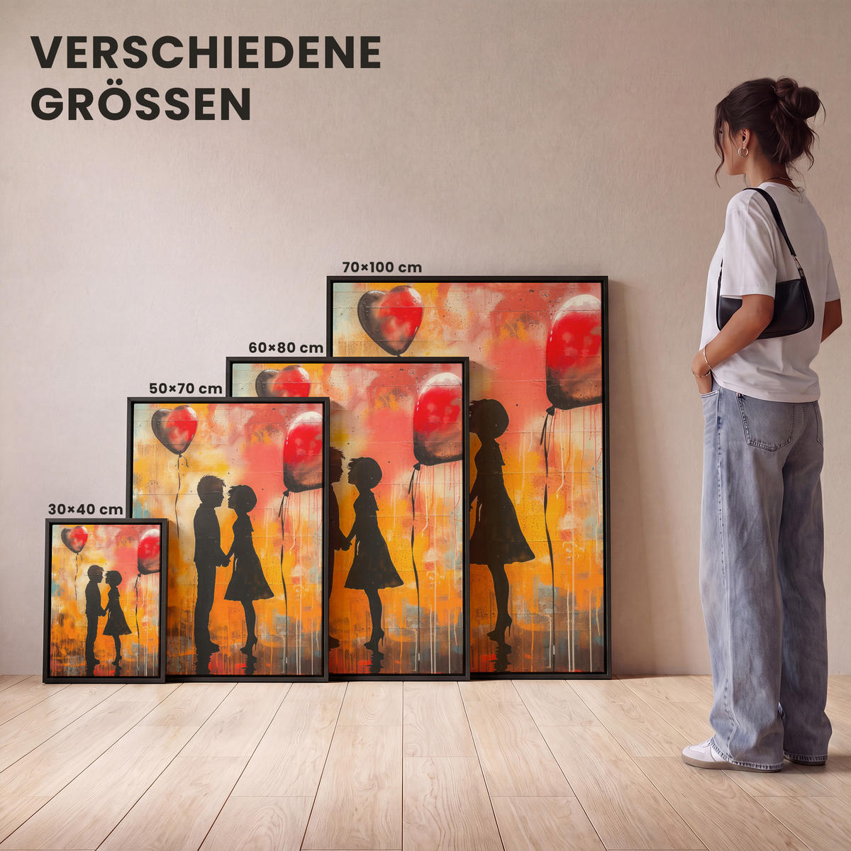 LEINWAND Bilder mit Rahmen - Straßenkunst - Liebe - Graffiti - Kunst - Banksy - 60x80 - Orange, Textil (60/80cm) - MuchoWow