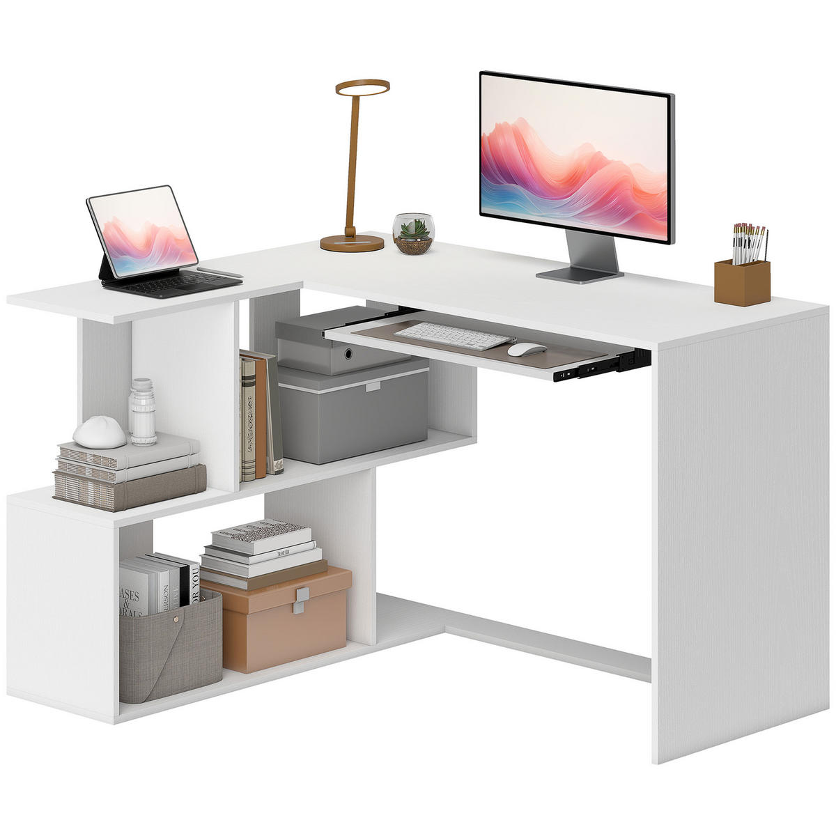 ECKSCHREIBTISCH Weiß in Holzoptik mit Tastaturauszug und Regalfächern 120/100/76 cm - Weiß, Holzwerkstoff (100/120/76cm) - PANGIVO