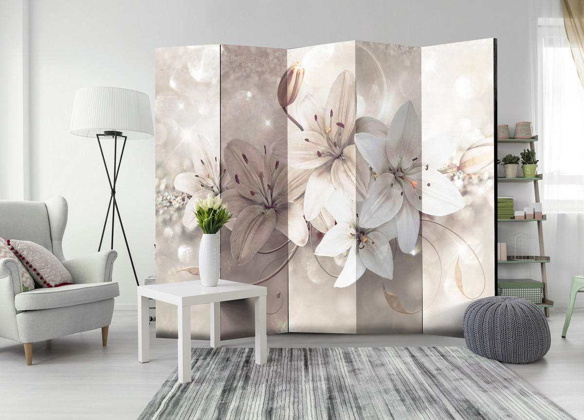 PARAVÁN Obojstranný 5-dielny 225x172 cm Biele Kvety Ľalie Abstrakcia - biela, drevo/textil (225/172/3cm) - Muralo