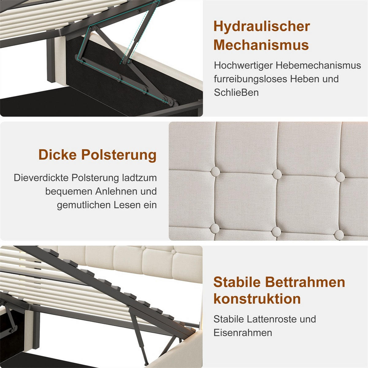 POLSTERBETT 90 x 200 cm mit LED-Beleuchtung an Kopfteil & Fußteil, Ladestation & hydraulischem Stauraum - Beige - Beige, Textil (90/200cm) - DELFA