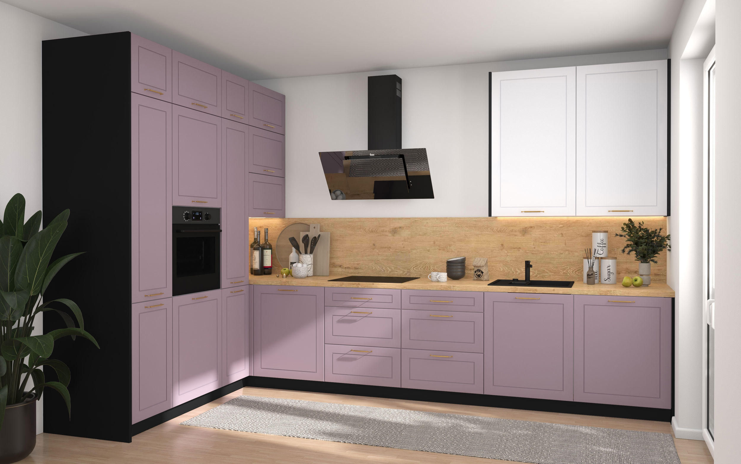 L-FORM KÜCHENZEILE Bari (16-tlg) Schwarz / Pastellviolett - Signalweiß - Violett, Holzwerkstoff/Metall (347/243/202cm) - Feldmann-Wohnen