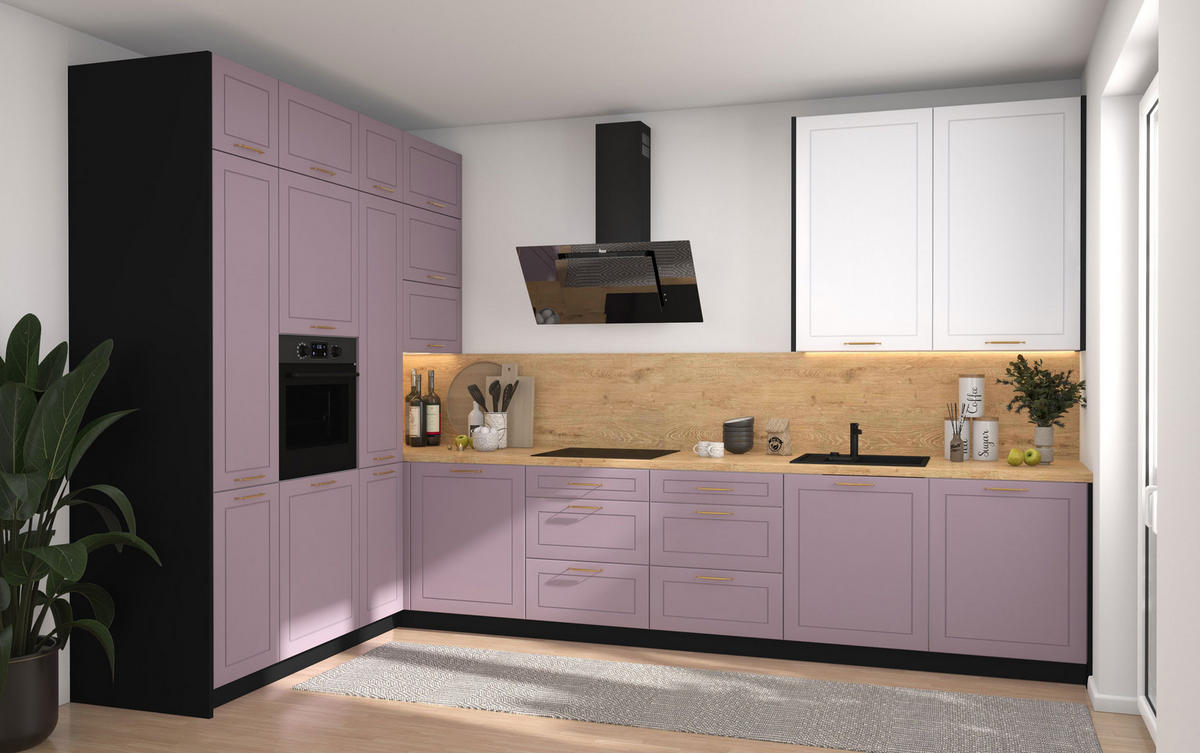 L-FORM KÜCHENZEILE Bari (16-tlg) Schwarz / Pastellviolett - Signalweiß - Violett, Holzwerkstoff/Metall (347/243/202cm) - Feldmann-Wohnen
