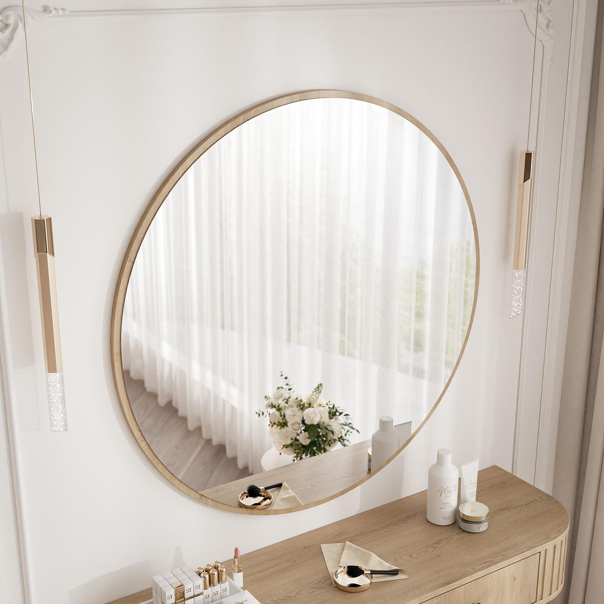 SCHMINKTISCH OVALINE mit Spiegel, 123 cm Cremona-Eiche - Eichefarben/Goldfarben, Holzwerkstoff/Metall (123/17.5/36cm) - Idohome