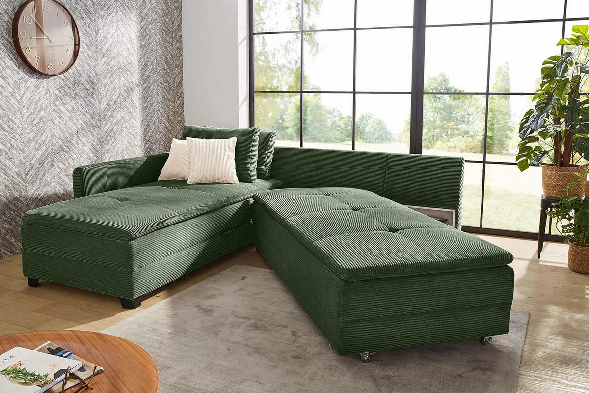 ECKSOFA-DAUERSCHLÄFER Doppelbett Boxspring Federkern Topper, seitenverkehrt montierbar B306/T223/H95 cm, Cord Grün / 15164 - Schwarz/Grün, Kunststoff/Textil (306/223cm) - luma-home