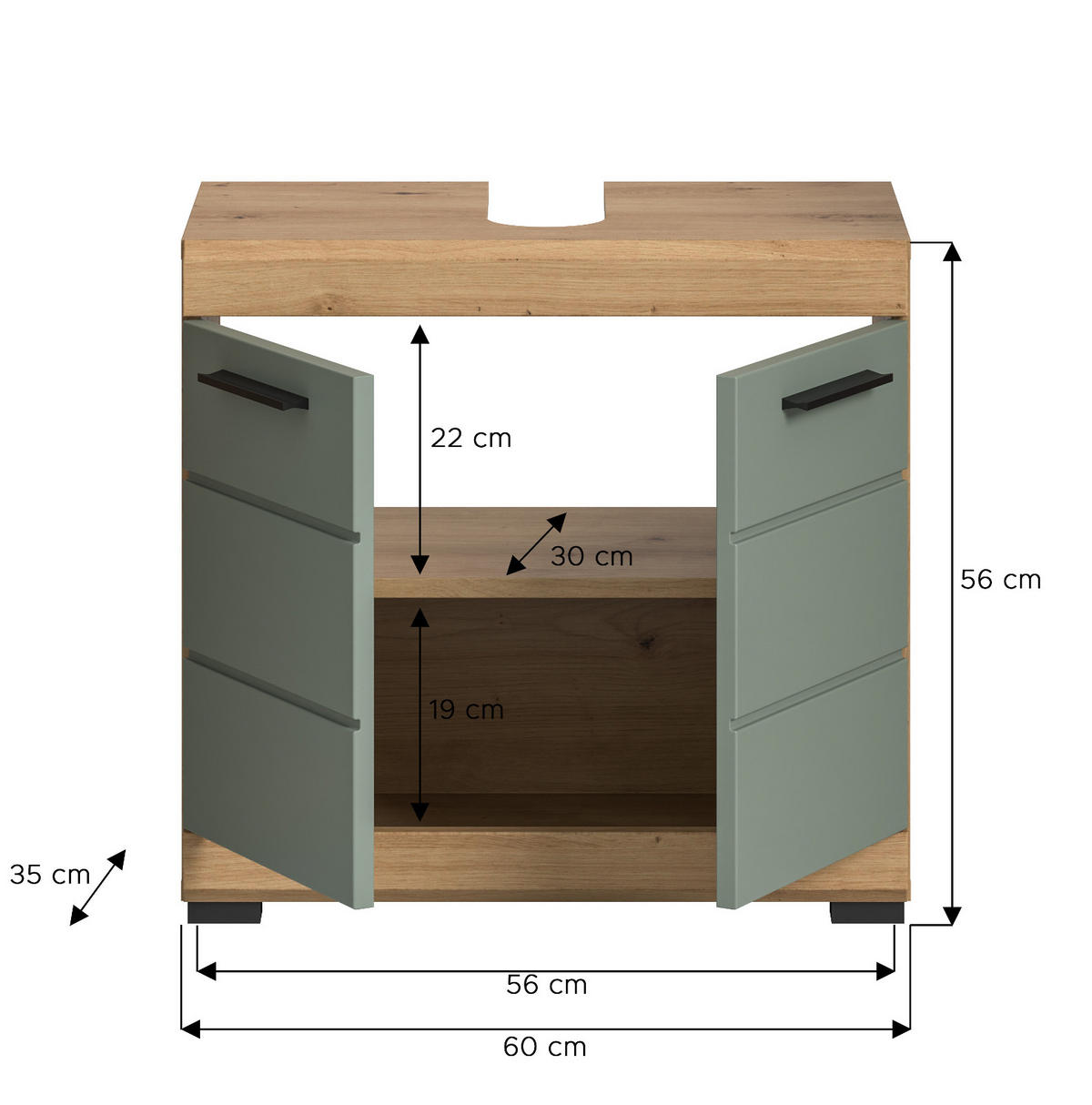 WASCHBECKENUNTERSCHRANK Salbei grün, Eiche Artisan 60 cm mit Rillenoptik - Salbeigrün/Schwarz, Holzwerkstoff/Kunststoff (60/56/34cm) - Inn.Furn