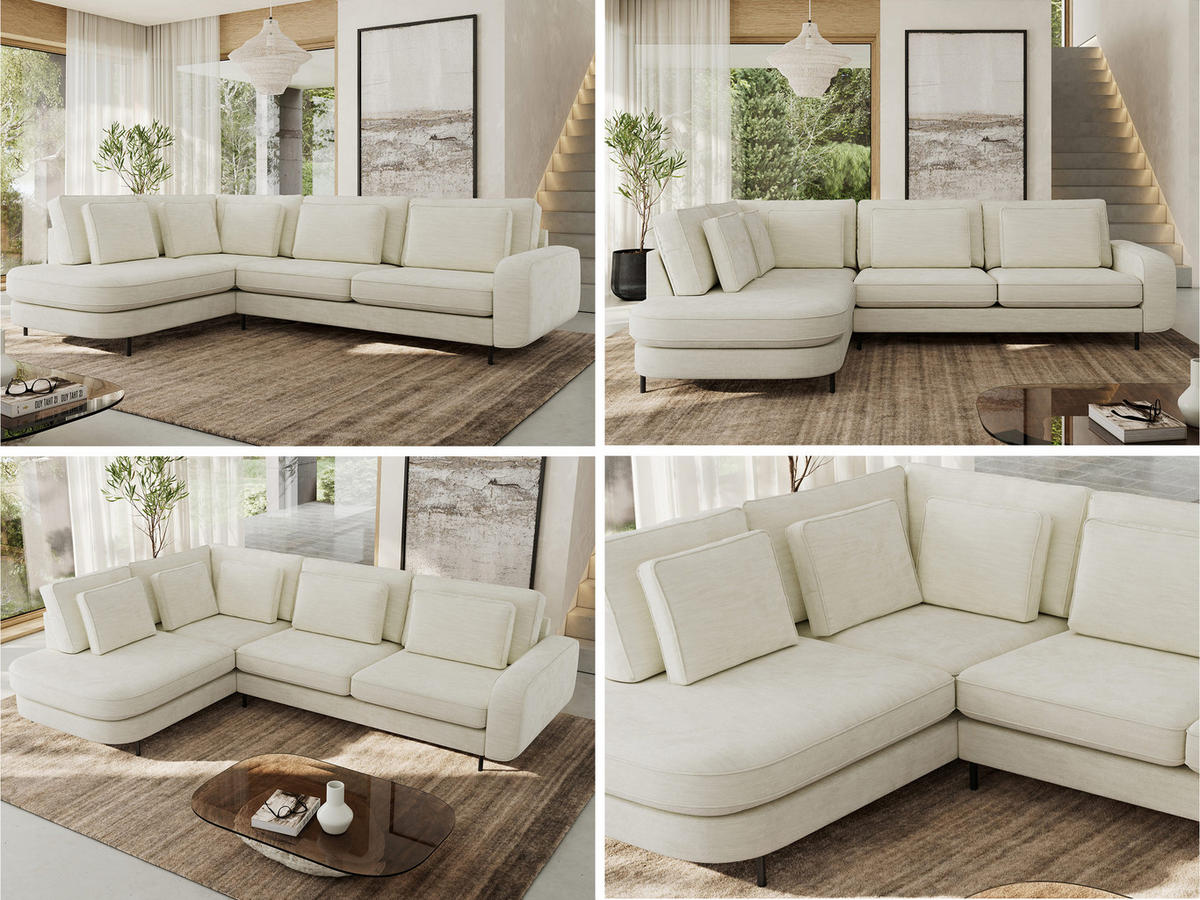 ROHOVÁ SEDAČKA CALENO L - Krémová Hrubě tkaná žinylka - Pravá Strana - černá/krémová, kov/textil (317/225cm) - MKS