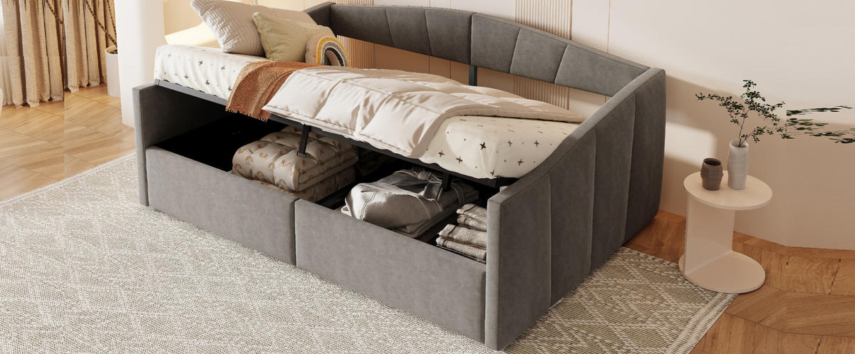 POLSTERBETT 140/200 cm Grau aus Samtstoff mit Bettkasten - Dunkelgrau, Leder (140/200cm) - OKMYHOME