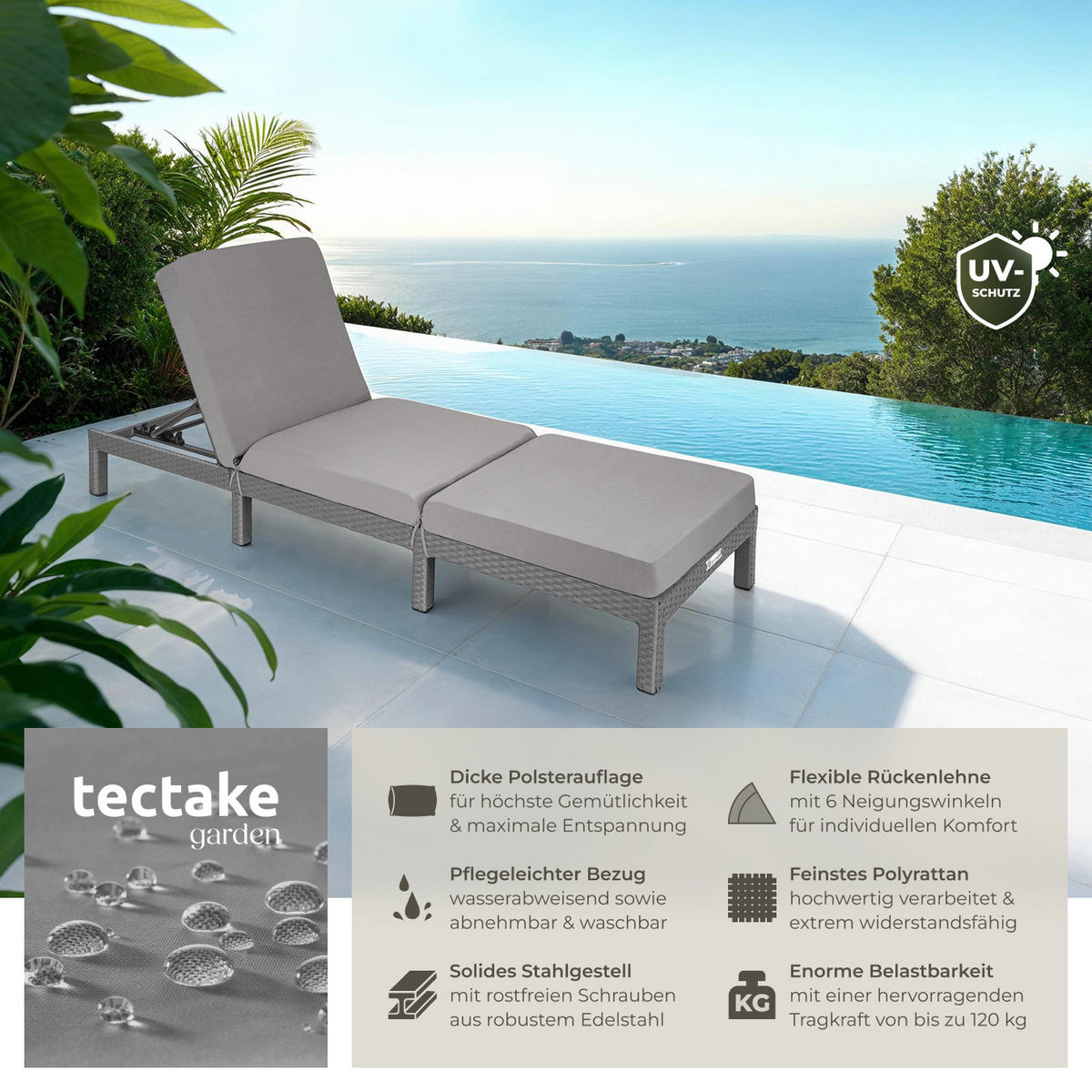RATTAN-SONNENLIEGE Sofia,196 x 66 x 27 cm,grau - Grau, Kunststoff (66/27/196cm) - tectake