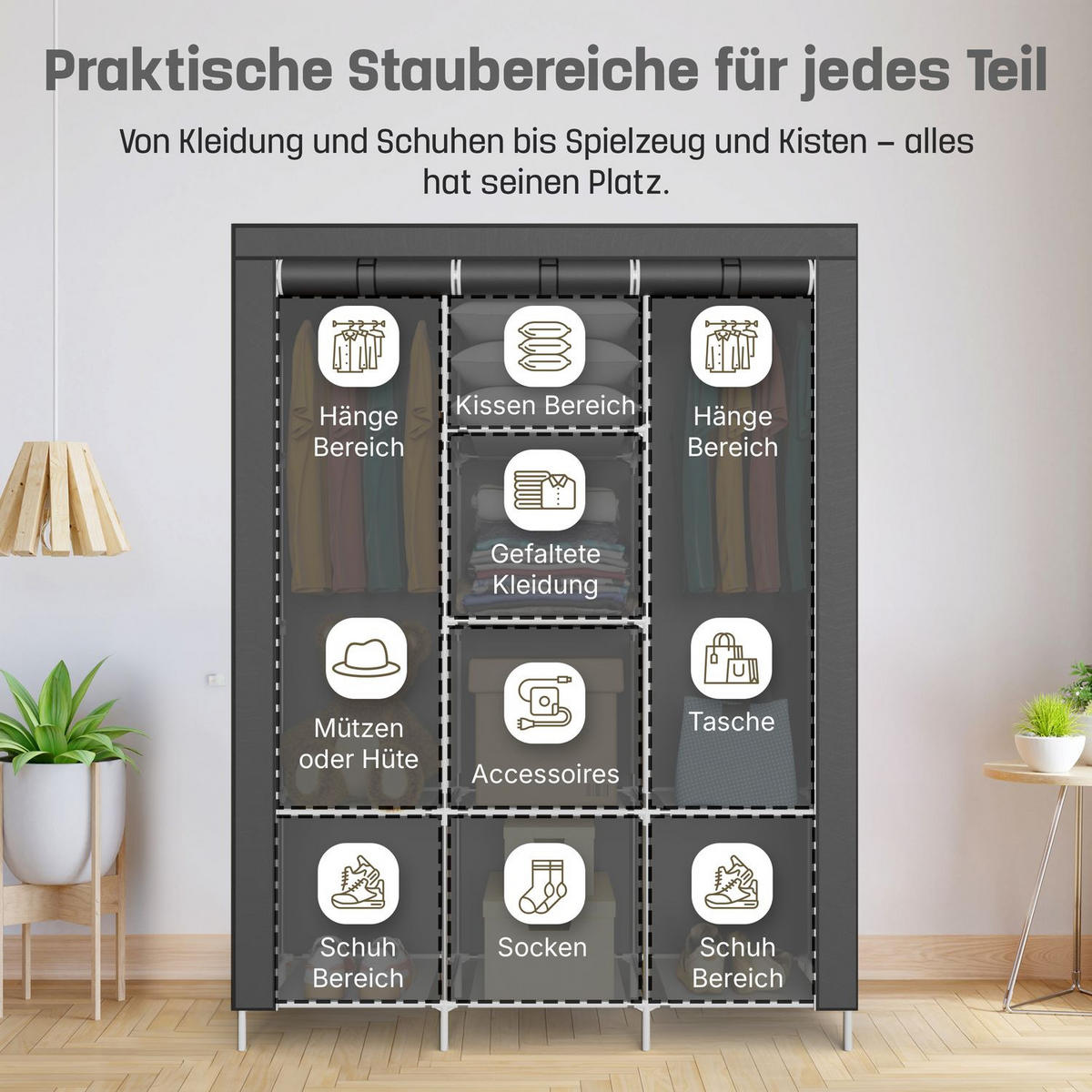 STOFFSCHRANK Kleiderschrank, 2 Kleiderstangen, 130/45/175 cm, Farbe: Grau - Grau, Textil (45/175/130cm) - Coemo