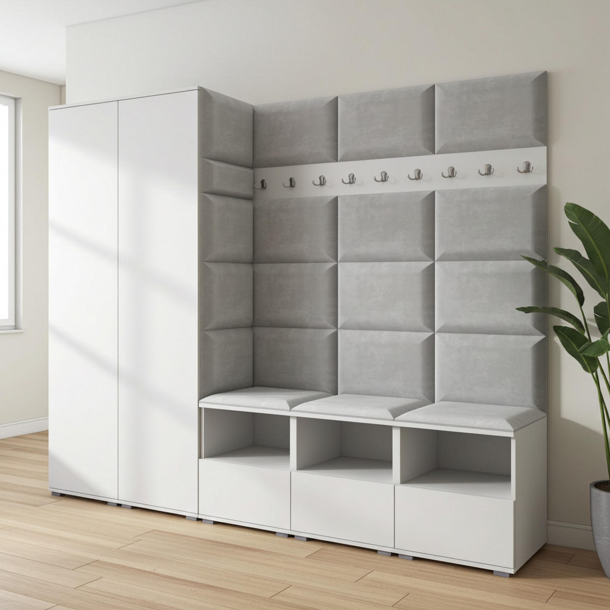 GARDEROBE NELA VII 250 cm (Modulare Flurmöbel XL Weiß mit Sitzpolster Hellgrau 32 2 Schränke) - Silberfarben/Hellgrau, Holz/Holzwerkstoff (250/187/40cm) - Ravio