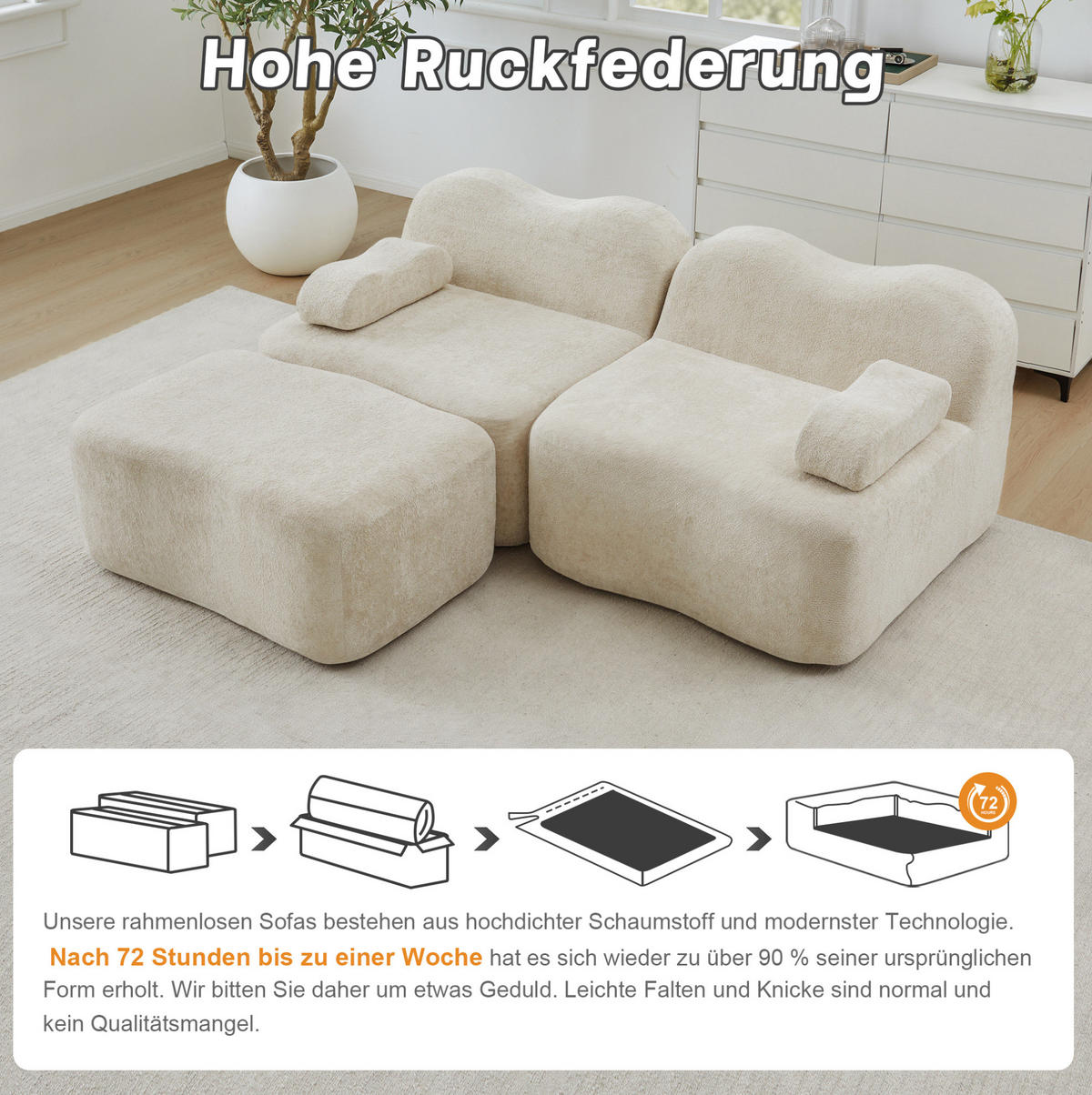 SOFA 192 x 167 x 70 cm in Beige mit Samtbezug und modularem Design - Beige, Textil (167/70/192cm) - Flora Grace