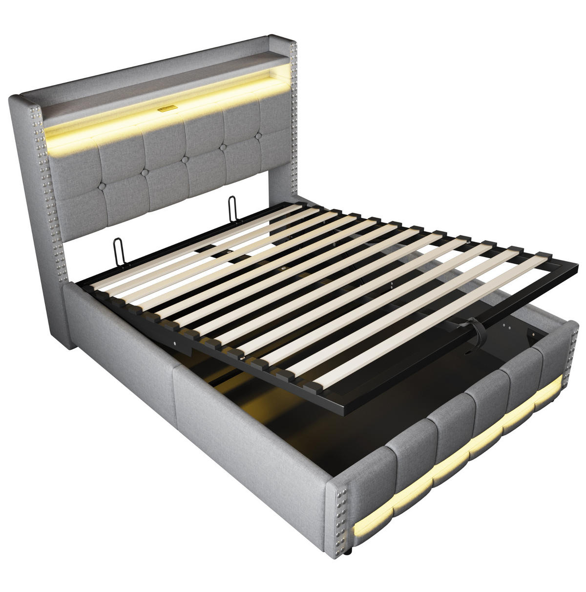 POLSTERBETT mit LED-Beleuchtung 140/200 cm mit Bettkasten und USB, Hellgrau - Hellgrau, Textil (140/200cm) - BEAOK