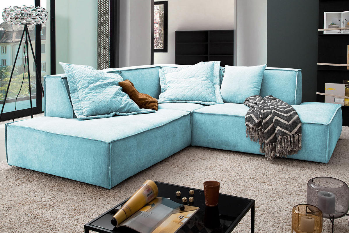 ECKSOFA SAMU Hellblau Webstoff - Schwarz/Hellblau, Textil (226/224cm) - KAWOLA