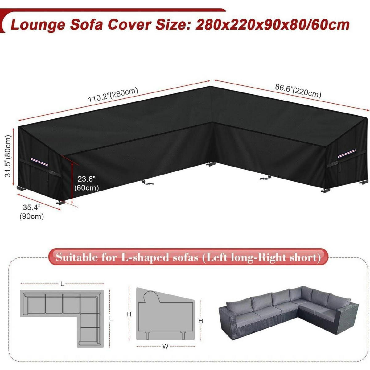ABDECKHAUBE L-Form Gartenmöbel 280x220x90x80/60cm Wasserdicht - Schwarz, Kunststoff (90/80/280cm)