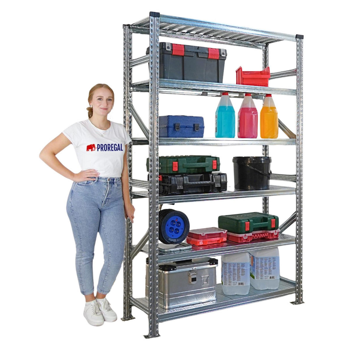 FACHBODENREGAL Proximo Stecksystem 210x360x50cm 6 Ebenen Beidseitig nutzbar Verzinkt - Silberfarben, Metall (360/210/50cm) - PROREGAL