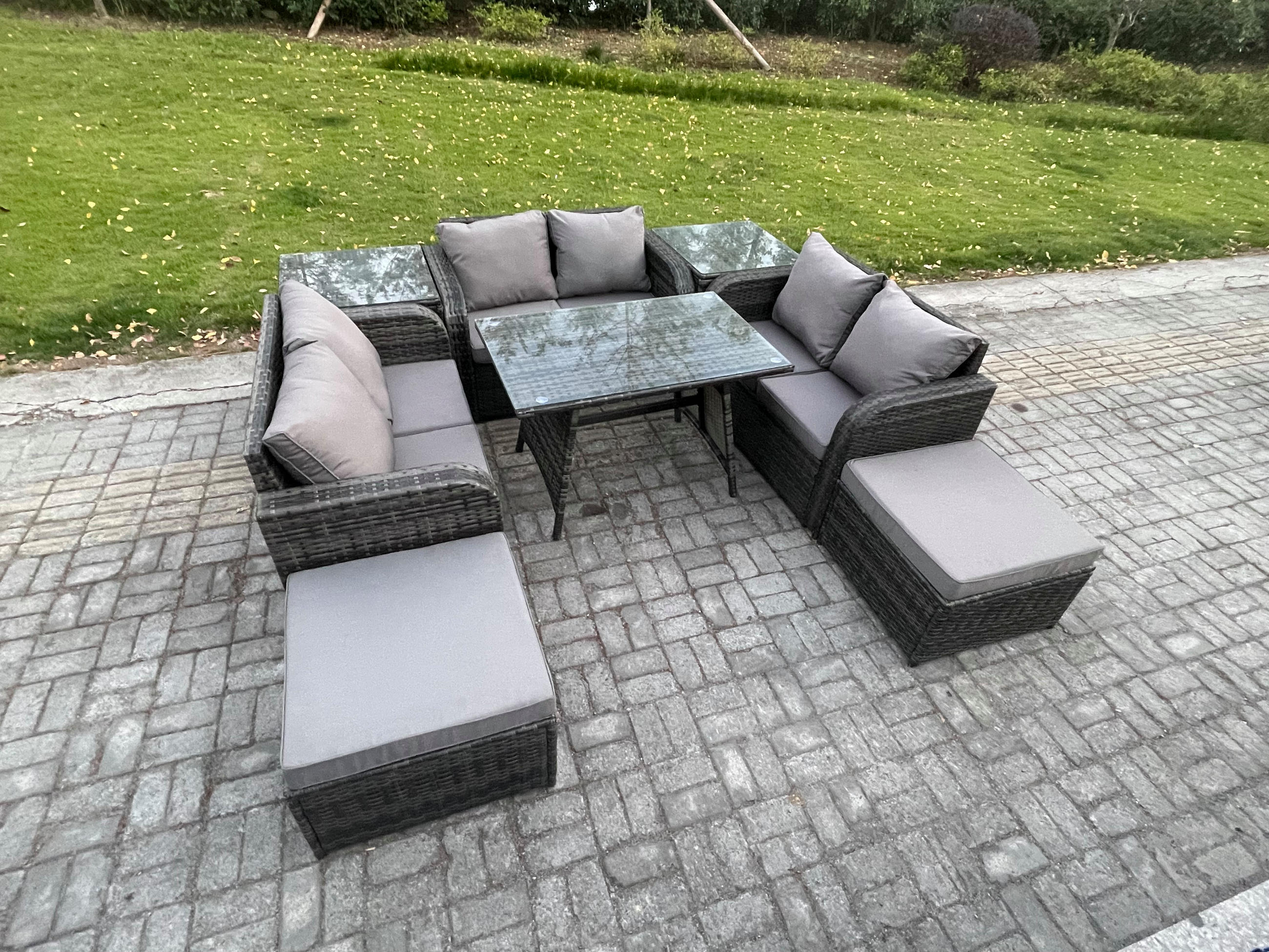 GARTENMÖBELSET mit ESSTISCH,SOFA Polyrattan 8-Sitzer - Dunkelgrau/Grau, Glas/Kunststoff - Fimous