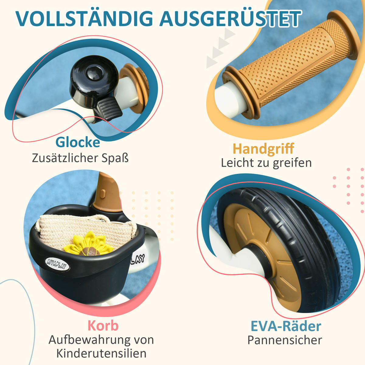 KINDERDREIRAD, Blau/Weiß/Roa, Metall+ EVA - Weiß, Metall (70.5/53/58cm) - AIYAPLAY