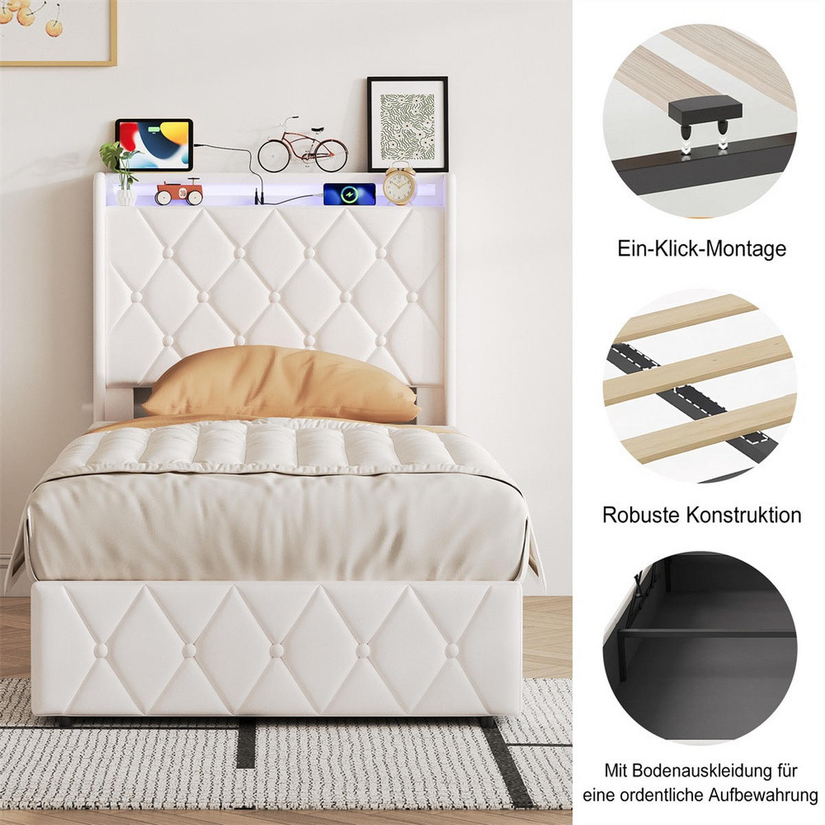 POLSTERBETT 90x200 cm mit hydraulischem Stauraum - Kopfteil Regal & LED - USB - ohne Matratze - Beige - Beige, Textil (90/200cm) - DELFA