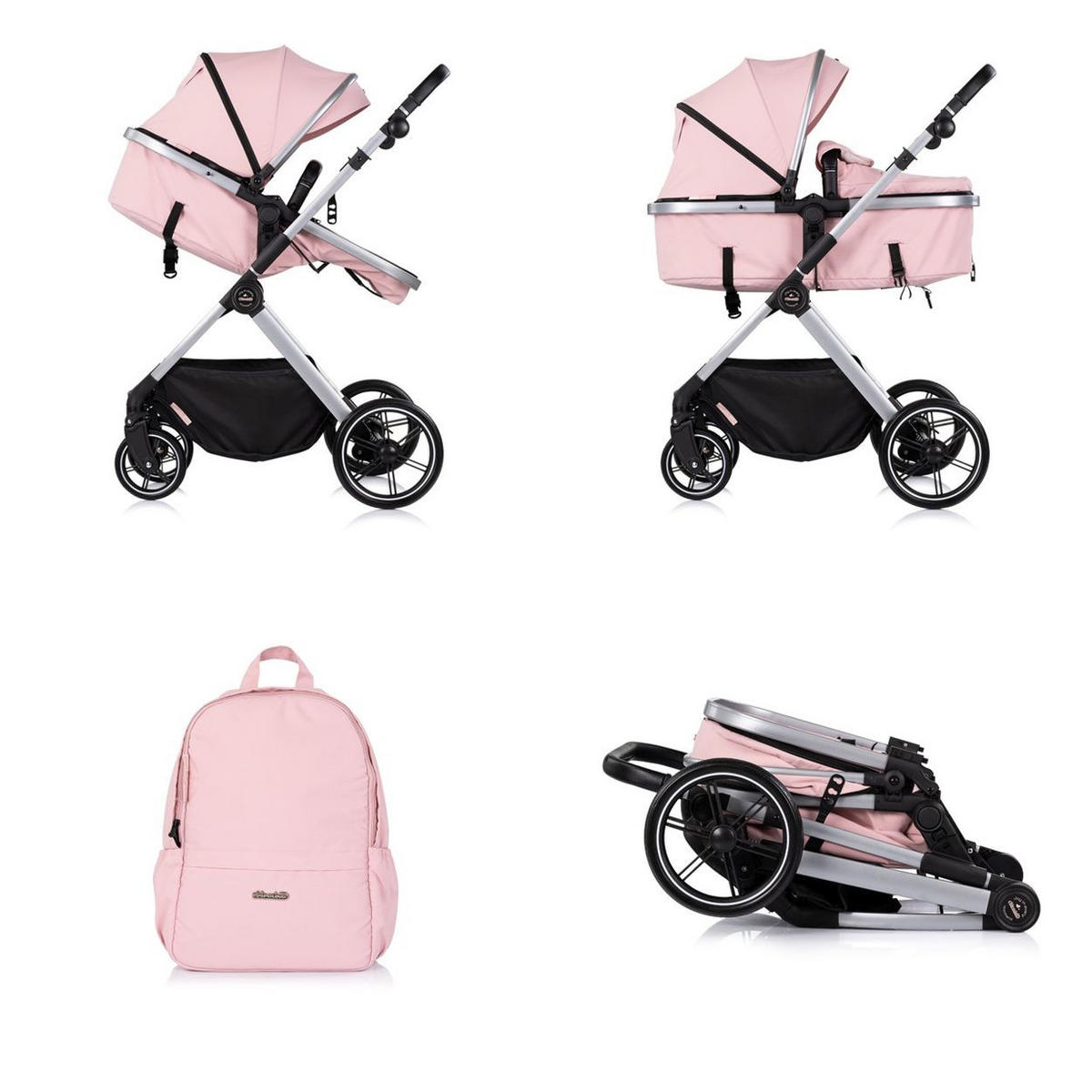 KINDERWAGEN Pearl 2 in 1 rosa umbaubar Rucksack Fußsack Korb Federung - Rosa, Metall (75/65/104cm) - Chipolino