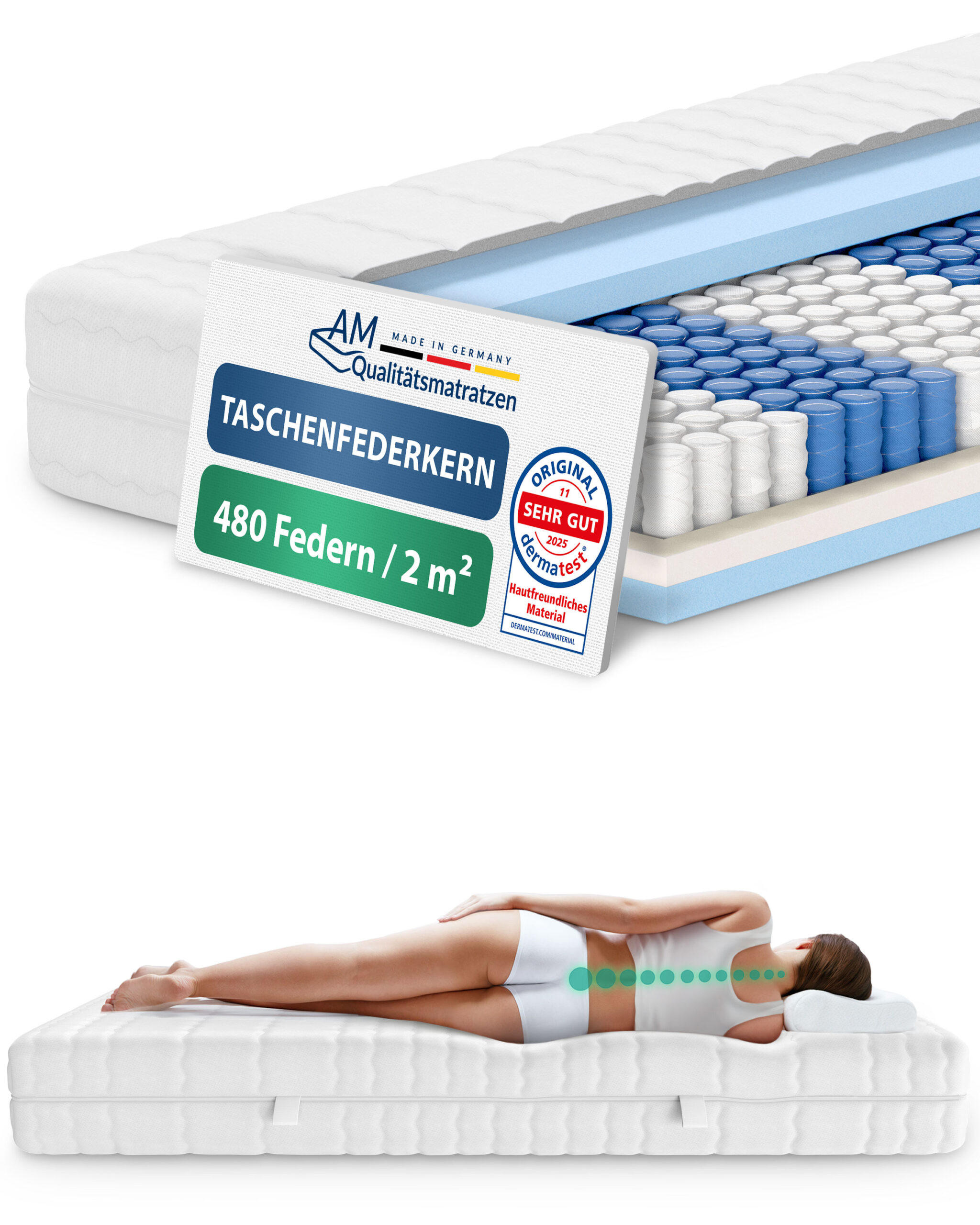 TASCHENFEDERKERNMATRATZE 180/200 cm H2 - 20cm Höhe & Toledo Bezug - Weiß, Textil (180/200cm) - AM Qualitätsmatratzen