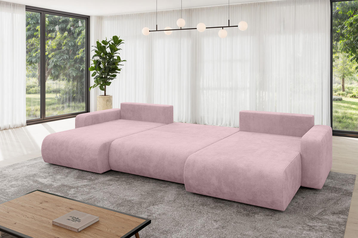 SEDACÍ SOUPRAVA DO U s funkcí spaní a úložným prostorem BERY-U 377x193x88 růžová manšestr - růžová/černá, kompozitní dřevo/textil (377/88/193cm) - ALTDECOR