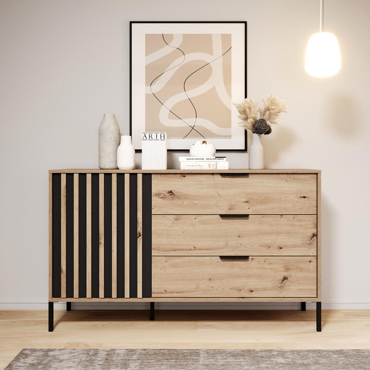 SIDEBOARD TALLINO 137/81/40 cm mit 3 Schubladen und 1 Türen Eiche Artisan - Eiche Artisan, Holzwerkstoff (137/81/40cm) - MASSENO