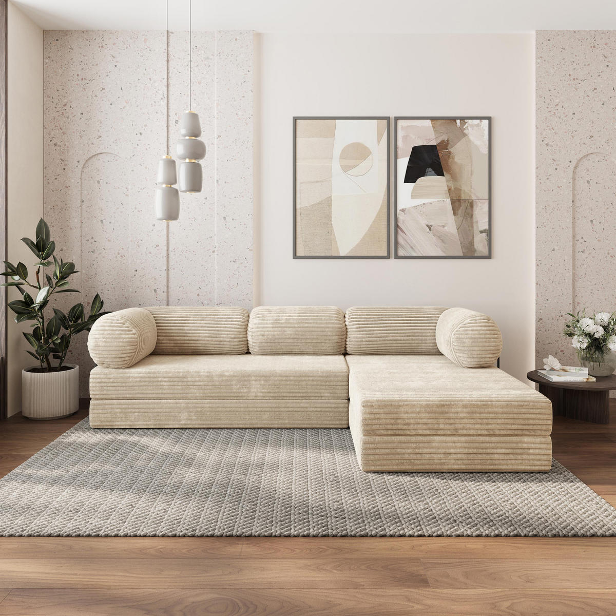 ROHOVÁ SEDAČKA ETERA modulární Boneless pohovka s funkcí spaní, krémová TILIA 03 - krémová, textil (270/160cm) - MASSENO